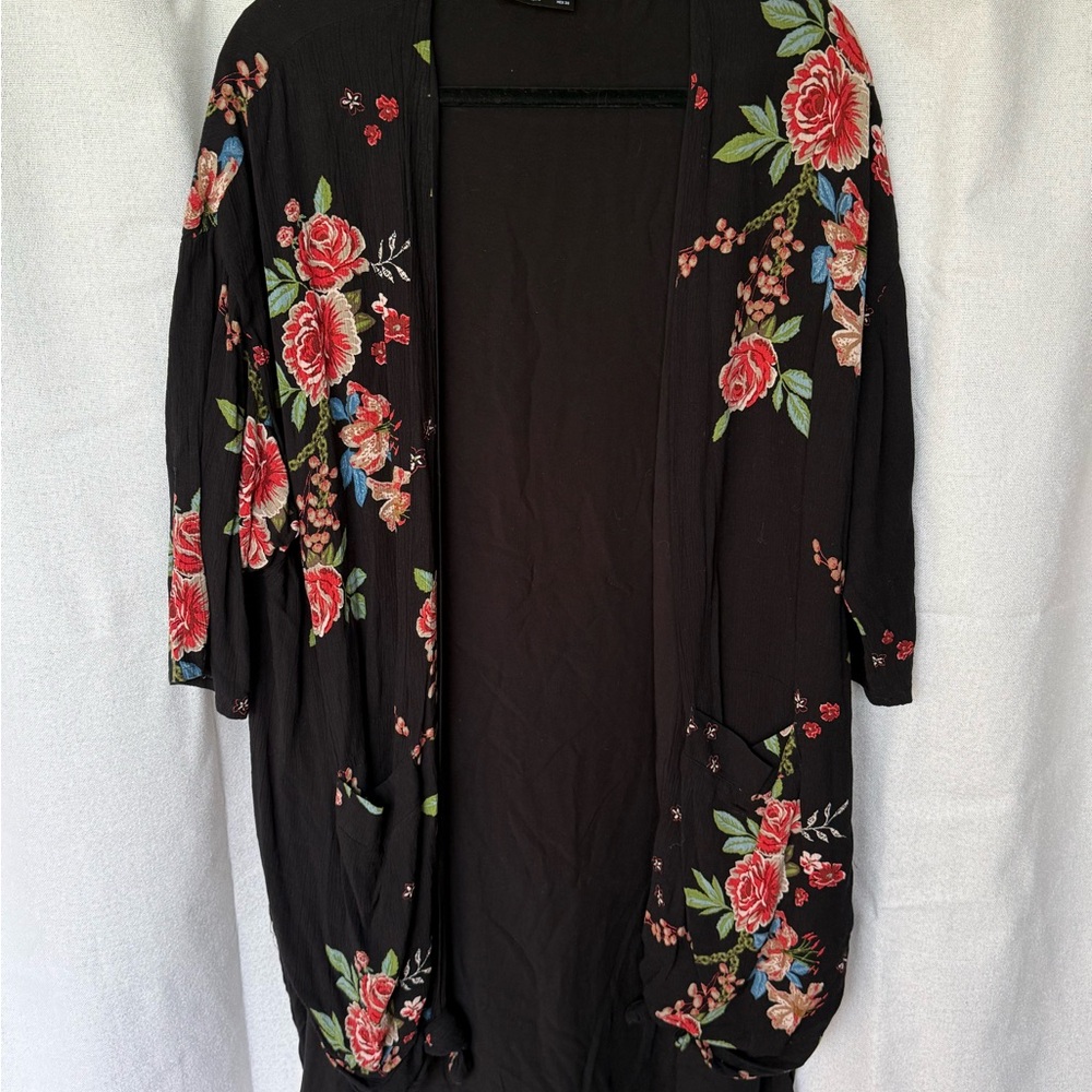 Black Floral Open Front Kimono Cardigan